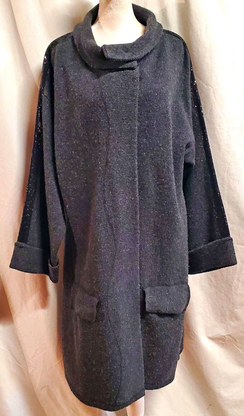 Soft Surroundings gray merino wool black sequin duster open cardigan sweater L